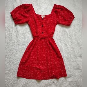 Monteau LA Women's Medium Red Polka Dot Puff Sleeve Faux Button Midi Dress w Tie